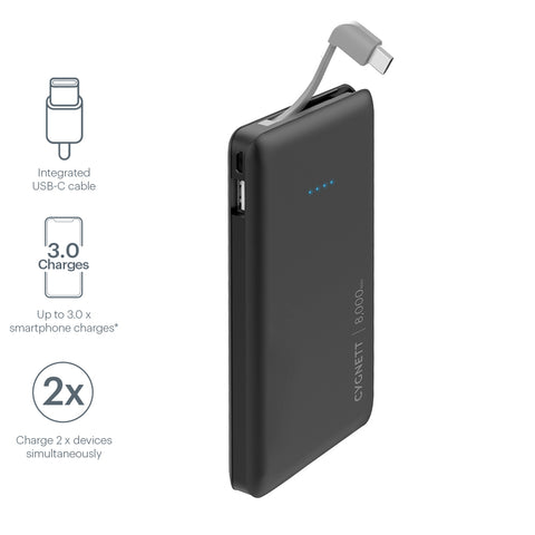 8,000mAh Power Bank with integrated USB-C Cable