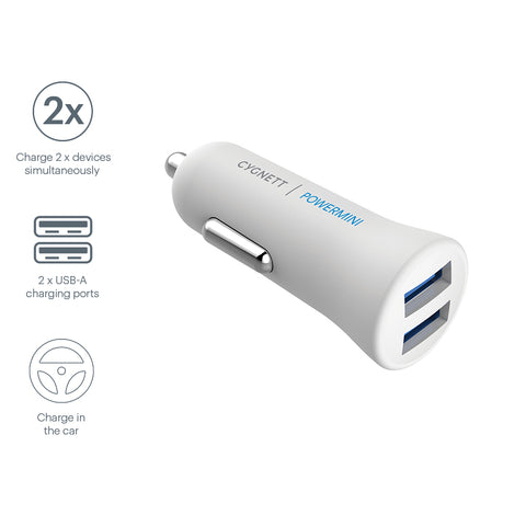 Dual USB Car Charger in White